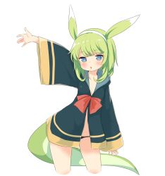 1girl animal_ears arm_at_side babalilo black_panties blue_eyes blush commentary_request contrapposto cowboy_shot cross-shaped_pupils donegon_(babalilo) green_hair hairband highres hood hood_down long_hoodie long_sleeves looking_at_viewer medium_hair no_pants original outstretched_arm panties parted_lips simple_background solo symbol-shaped_pupils tail underwear white_background white_hairband wide_sleeves