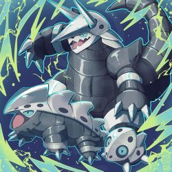  aggron aron blue_background claws commentary_request creatures_(company) energy evolutionary_line fangs game_freak gen_3_pokemon highres lairon nintendo no_humans norwo724 open_mouth outline pokemon pokemon_(creature) tongue 