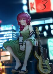  1girl ;d absurdres agm bare_legs bass_guitar black_bow black_nails blunt_bangs blurry blurry_background blush bocchi_the_rock! bow braid braided_ponytail breasts city_lights cityscape collarbone condenser_unit dress earrings full-face_blush full_body geta gradient_sky green_dress hair_bow hair_over_shoulder hand_tattoo head_tilt highres hiroi_kikuri instrument jacket jewelry juice_box letterman_jacket long_hair looking_at_viewer low_ponytail medium_breasts nail_polish night night_sky off_shoulder one_eye_closed open_clothes open_jacket open_mouth outdoors pink_eyes purple_hair raised_eyebrows sidelocks single_bare_shoulder sitting sky sleeveless sleeveless_dress smile spaghetti_strap tattoo teeth toenail_polish toenails upper_teeth_only white_jacket 