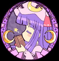 1girl blush_stickers book closed_eyes female_focus hat long_sleeves lowres patchouli_knowledge pixel_art purple_hair solo touhou transparent_background rating:Sensitive score:3 user:danbooru