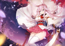  1girl animal_ears apple_caramel architecture arm_guards bare_shoulders benghuai_xueyuan blurry blurry_foreground breasts building commentary_request depth_of_field detached_sleeves dutch_angle east_asian_architecture flower fox_ears glint hair_between_eyes holding holding_sword holding_weapon honkai_(series) horizon katana large_breasts long_hair long_sleeves looking_at_viewer obi ocean parted_lips pink_hair plaid plaid_skirt pleated_skirt purple_eyes red_flower red_skirt ribbon-trimmed_legwear ribbon_trim sash skirt sleeveless solo sword thighhighs torii very_long_hair water weapon white_thighhighs wide_sleeves yae_sakura yae_sakura_(benghuai_xueyuan) yae_sakura_(gyakushinn_miko) 