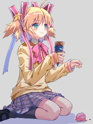  1girl accident ahoge akayama_yukihe black_footwear black_socks blonde_hair blush bow closed_mouth commentary_request food foot_out_of_frame frown green_eyes grey_skirt hair_ornament hair_ribbon hands_up highres holding holding_food holding_ice_cream ice_cream ice_cream_cone kamikita_komari kneehighs little_busters! little_busters!_school_uniform long_ribbon looking_afar mary_janes miniskirt pink_bow plaid plaid_skirt pleated_skirt red_ribbon ribbon school_uniform shoes short_hair simple_background sitting skirt sleeves_past_wrists socks solo star_(symbol) star_hair_ornament sweater two_side_up wariza yellow_sweater 