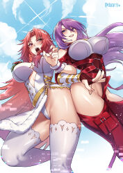  2girls alternate_breast_size amane_towa arthur_pencilgon_(shangri-la_frontier) artist_name ass-to-ass blue_eyes braid breasts clothing_cutout covered_navel crossover dangle_earrings earrings fingernails gloves groin highres hikasa_youko impossible_clothes iris_midgar jewelry kage_no_jitsuryokusha_ni_naritakute! large_breasts leotard locked_arms long_hair looking_back mibry_(phrysm) multiple_girls no_panties open_mouth outdoors parted_bangs pink_hair purple_hair red_eyes red_gloves shangri-la_frontier shoulder_cutout skin_tight smile sunlight teeth thighhighs thighs upper_teeth_only very_long_hair voice_actor_connection white_leotard white_thighhighs 