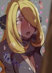 1boy 1girl blonde_hair blurry blurry_foreground breasts cleavage colored_skin creatures_(company) cynthia_(pokemon) drooling erection game_freak grey_background hair_over_one_eye heart heart-shaped_pupils heavy_breathing ikuchan_kaoru large_breasts long_hair looking_at_penis multicolored_skin nintendo open_mouth penis penis_awe penis_peek penis_shadow pokemon pokemon_dppt purple_eyes saliva shadow simple_background solo_focus sweat symbol-shaped_pupils tears teeth tongue trembling upper_body rating:Explicit score:344 user:danbooru