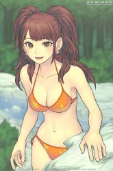  1girl bikini brown_eyes earrings gofelem highres jewelry kujikawa_rise looking_at_viewer navel open_mouth persona persona_4 red_hair solo swimsuit third-party_edit twintails  rating:Sensitive score:47 user:A_User