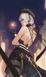  1girl bare_shoulders black_gloves black_pantyhose black_skirt breasts crop_top earrings eo8926 expressionless gloves grey_hair hat highres jewelry looking_at_viewer mole mole_under_mouth pantyhose red_eyes sanhua_(wuthering_waves) skirt solo thigh_strap thighs wuthering_waves 