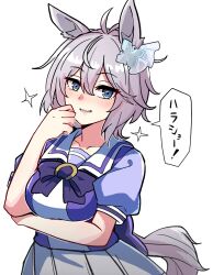  1girl agnes_tachyon_(umamusume) alternate_hairstyle anastasia_(idolmaster) animal_ears arm_under_breasts blue_eyes borrowed_hairstyle bow bowtie collarbone commentary ear_ornament hair_between_eyes hand_on_own_elbow highres horse_ears horse_girl idolmaster idolmaster_cinderella_girls kawamochi_(tddm3573) kemonomimi_mode looking_at_viewer open_mouth puffy_short_sleeves puffy_sleeves purple_bow purple_bowtie purple_shirt sailor_collar sailor_shirt school_uniform shirt short_hair short_sleeves solo sparkle summer_uniform tracen_school_uniform translated uesaka_sumire umamusume upper_body voice_actor_connection white_background white_sailor_collar 