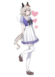  1girl :o animal_ears arms_behind_back blush bow bowtie brown_footwear commentary curren_chan_(umamusume) ear_bow ear_covers enu_(brandnewday02) full_body grey_hair heart highres horse_ears horse_girl horse_tail looking_at_viewer pink_eyes purple_shirt sailor_collar school_uniform shirt shoes short_sleeves simple_background skirt solo standing standing_on_one_leg tail thighhighs tracen_school_uniform umamusume white_background white_skirt white_thighhighs 