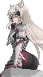 1girl absurdres animal_ears armor ass ass_focus bodysuit breastplate cat_ears from_behind gonzarez highres long_hair looking_at_viewer looking_down m_(xenoblade) orange_eyes shiny_clothes skin_tight solo spoilers thighs very_long_hair white_hair xenoblade_chronicles_(series) xenoblade_chronicles_3 rating:Questionable score:54 user:armorcrystal