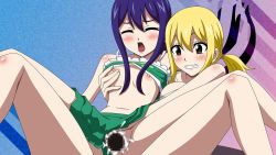 2girls blonde_hair blue_hair brown_eyes censored cum ejaculation fairy_tail highres loli lucy_heartfilia multiple_girls nipples pussy sex skirt wendy_marvell rating:Explicit score:22 user:Wendy_Marvell