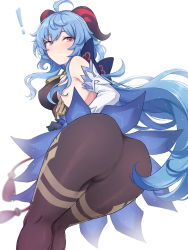 ! 1girl ahoge ass bad_id bad_pixiv_id bare_shoulders blue_hair blush bodysuit breasts cameltoe detached_sleeves from_behind from_below ganyu_(genshin_impact) genshin_impact gloves goat_horns highres horns large_breasts leotard long_hair looking_at_viewer looking_back neck_bell pantyhose purple_eyes shiny_clothes shiny_skin sideboob solo thick_thighs thighs venosus very_long_hair waist_cape white_background rating:Questionable score:68 user:armorcrystal