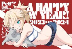  1girl 2023 2024 aqua_eyes bandeau blonde_hair breasts cat commentary_request denim denim_shorts fate/apocrypha fate_(series) hair_ornament hair_scrunchie happy_new_year highres micro_shorts mordred_(fate) mordred_(memories_at_trifas)_(fate) mozu_(peth) navel new_year one_eye_closed ponytail red_scrunchie scrunchie shorts small_breasts smile solo 