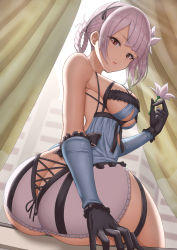  1girl arm_support ass black_gloves blunt_bangs breasts butt_crack cross-laced_slit detached_sleeves flower from_behind gloves highres holding holding_flower huge_ass kaine_(nier) large_breasts lily_(flower) looking_back nier nier_(series) parted_lips sideboob sitting solo thick_thighs thighs white_hair yasojima_nejiro  rating:Questionable score:149 user:armorcrystal