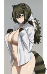  1girl animal_ears arknights bags_under_eyes black_gloves black_hair breasts commentary cowboy_shot fangs_(fangs_art) gloves highres large_breasts long_hair looking_at_viewer low_ponytail navel open_clothes open_shirt raccoon_ears raccoon_tail robin_(arknights) shirt solo standing stomach tail thighs white_shirt yellow_eyes 