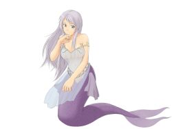  1girl bare_shoulders blue_eyes bmp-to-png_conversion closed_mouth dress expressionless full_body game_cg grey_hair hand_on_own_chin ishinoyari long_hair looking_at_viewer meia_(mon-musu_quest!) mermaid mon-musu_quest! monster_girl navel non-web_source purple_tail scales see-through see-through_dress simple_background solo standing transparent_background very_long_hair 