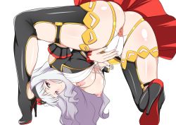 1girl anus ass bent_over black_thighhighs blush boots breasts hairband hanging_breasts high_heels highres idolmaster idolmaster_(classic) jabara_tornado large_breasts long_hair looking_at_viewer looking_back nipples on_one_knee purple_eyes shijou_takane silver_hair smile solo thigh_boots thighhighs transparent_background uncensored rating:Explicit score:90 user:danbooru