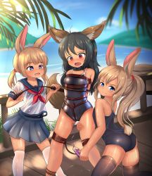 3girls absurdres animal_ears arms_behind_back bdsm black_hair blonde_hair blue_eyes blush bondage bound breasts collar female_focus femdom fox_ears fox_tail heart heart-shaped_pupils highres hotel01 loli long_hair looking_at_viewer looking_back multiple_girls one-piece_swimsuit open_mouth outdoors ponytail pussy_juice rabbit_ears rabbit_tail red_eyes riding_crop saliva school_uniform serafuku sex_toy shibari skirt sky small_breasts smile standing swimsuit symbol-shaped_pupils tail thighhighs tongue vibrator water wet wet_clothes yuri rating:Explicit score:102 user:TornAsunder