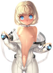  1boy androgynous bad_id bad_pixiv_id blue_eyes blush bodysuit detached_collar erection highres jairou looking_at_viewer male_focus nipples original penis shota simple_background solo standing sweat training_for_sex undressing unzipped white_background  rating:Explicit score:323 user:danbooru