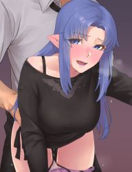  1boy 1girl black_shirt blue_eyes blue_hair blue_lips blush breasts clothed_sex commentary_request fate/stay_night fate_(series) happy_sex hetero highres hikichi_sakuya lipstick long_hair long_sleeves makeup medea_(fate) medium_breasts nose_blush panties panty_pull pointy_ears pussy_juice sex shirt sidelocks solo_focus sweat underwear  rating:Explicit score:184 user:danbooru