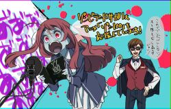  1boy 1girl book bow bowtie brown_hair collaboration hair_ribbon hand_on_own_hip holding holding_book jacket jacket_on_shoulders long_sleeves microphone minamoto_sakura neck_ribbon official_art open_mouth pants red_eyes red_hair ribbon scar scar_on_face scar_on_forehead school_uniform skirt sunglasses talking tatsumi_koutarou trait_connection translation_request vest zom_100:_zombie_ni_naru_made_ni_shitai_100_no_koto zombie zombie_land_saga 