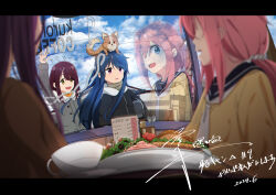  4girls :d :o animal animal_on_head arm_up artist_name baggy_clothes black_jacket blackwhite_wind blue_eyes blue_hair blue_sailor_collar blue_sky blush bread bread_slice brown_eyes brown_sweater building cafe cardigan carrying carrying_under_arm cherry_tomato cloud cloudy_sky commentary_request cup dated day dog dog_on_head eye_contact food fur-trimmed_jacket fur_trim grey_jacket grey_sweater hair_between_eyes hair_flaps hair_ornament hair_over_shoulder hair_scrunchie hand_up head_tilt helmet highres holding holding_helmet indoors jacket kagamihara_nadeshiko letterboxed logo long_hair long_sleeves looking_at_another low_ponytail meat menu menu_board messy_hair motorcycle_helmet motosu_school_uniform multiple_girls neckerchief on_head open_mouth orange_sweater outdoors parted_bangs pet pink_hair plate ponytail puffy_long_sleeves puffy_sleeves purple_eyes purple_hair reflection road rooftop sailor_collar school_uniform scrunchie serafuku shima_rin sidelocks signature sitting sky sleeves_past_wrists smile spoon standing street sweater swept_bangs table teacup toki_ayano tomato turtleneck turtleneck_sweater vegetable very_long_hair waving white_neckerchief white_scrunchie window window_shutter yellow_cardigan yurucamp 