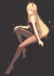  1girl a-z_(alphaomega) absurdres animal_ears bare_shoulders black_leotard blonde_hair breasts brown_pantyhose chainsaw_man cross-shaped_pupils fake_tail frown full_body grey_background hair_between_eyes hand_on_own_knee highres horns leotard long_hair looking_at_viewer pantyhose playboy_bunny power_(chainsaw_man) rabbit_ears rabbit_tail red_eyes red_horns sitting small_breasts solo symbol-shaped_pupils tail  rating:Sensitive score:20 user:danbooru