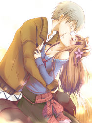  1boy 1girl animal_ears bare_shoulders brown_hair couple craft_lawrence closed_eyes flower hair_flower hair_ornament hetero holo kiss long_hair natsu_(anta_tte_hitoha) pouch short_hair silver_hair spice_and_wolf tail wolf_ears wolf_tail  rating:Sensitive score:60 user:danbooru