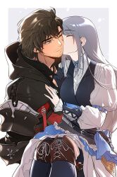  1boy 1girl armored_gloves asymmetrical_gloves black_hair blue_eyes blush clive_rosfield closed_eyes couple facial_hair final_fantasy final_fantasy_xvi frilled_skirt frills gloves highres jill_warrick kiss kissing_cheek long_hair looking_at_another low-tied_long_hair one_eye_closed puffy_sleeves short_hair simple_background sitting sitting_on_person skirt uneven_gloves upper_body xiafei97 