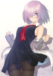 1girl bare_shoulders black-framed_eyewear blush breasts closed_mouth commentary_request cowboy_shot dress expressionless fate/grand_order fate_(series) fingernails glasses hair_over_one_eye jacket looking_at_viewer mash_kyrielight medium_breasts necktie off_shoulder open_clothes open_jacket panties panties_under_pantyhose pantyhose parted_lips pink_hair purple_eyes red_necktie shadow shiny_skin short_dress short_hair simple_background sleeveless sleeveless_dress solo standing thigh_gap tony_taka underwear 