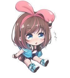  1girl animal big_head black_shorts blue_eyes blue_jacket blush brown_hair chibi clothed_animal hair_between_eyes hairband imo_bouya jacket kizuna_ai kizuna_ai_(a.i._games) kizuna_ai_inc. long_hair midriff multicolored_hair official_alternate_costume open_clothes open_jacket open_mouth pink_hair pink_hairband profanity shirt short_shorts short_sleeves shorts simple_background smile solo standing streaked_hair virtual_youtuber white_background white_shirt 
