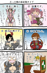  6+girls armor armpits artist_request black_hair blush breasts capcom chair circa_(monster_hunter) cleavage flora_(monster_hunter) frau_(monster_hunter) hat horns lea_(monster_hunter) meran_(armor) monster_hunter_(series) monster_hunter_frontier multiple_girls natasha_(monster_hunter) pink_hair rioduo_(armor) tears text_focus tiala_(monster_hunter) translation_request twintails white_hair 