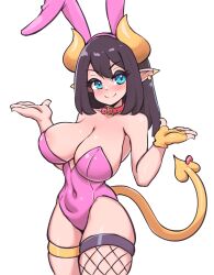  1girl animal_ears areola_slip asymmetrical_gloves asymmetrical_legwear bare_shoulders bebatch black_hair black_thighhighs blue_eyes blush breasts cleavage collarbone covered_navel cowboy_shot demon_girl demon_horns demon_tail dot_nose ear_piercing eyebrows eyelashes fake_animal_ears female_focus fingerless_gloves fishnet_thighhighs fishnets gloves horns large_breasts leotard long_hair looking_at_viewer original outstretched_hand piercing pink_leotard playboy_bunny pointy_ears rabbit_ears simple_background solo standing strapless strapless_leotard tail tail_ornament tail_piercing thigh_strap thighhighs white_background yellow_gloves yellow_horns 