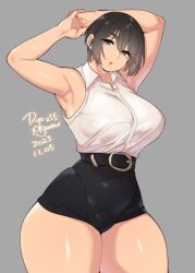  agawa_ryou arms_up belt breasts brown_hair large_breasts short_hair short_shorts shorts thick_thighs thighs  rating:Questionable score:3 user:GMSniper56