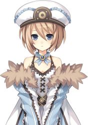  10s 1girl bare_shoulders belt belt_skirt blanc_(neptunia) blue_eyes blush brooch brown_hair choujigen_game_neptune cowboy_shot cross-laced_clothes dress expressionless face female_focus flat_chest frills fur_trim grey_hair gust hair_between_eyes hat jacket jewelry lace looking_at_viewer neck_ribbon neptune_(series) nippon_ichi off_shoulder official_art open_clothes open_jacket parted_lips ribbon sega short_hair solo transparent_background tsunako v_arms  rating:Sensitive score:26 user:danbooru