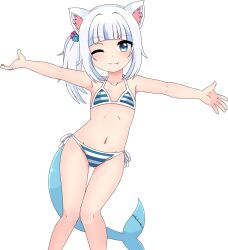  1girl animal_ears bikini blue_hair cat_ears commentary contrapposto cube_hair_ornament english_commentary fang fins fish_tail flat_chest gawr_gura gluteal_fold hair_ornament highres hololive hololive_english kaze_(2kaze5) knees_together_feet_apart multicolored_hair navel one_eye_closed outstretched_arms shark_tail side-tie_bikini_bottom side_ponytail sidelocks solo streaked_hair striped_bikini striped_clothes swimsuit tail two-tone_hair virtual_youtuber white_hair  rating:Sensitive score:12 user:danbooru