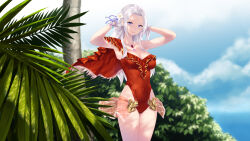  1girl blue_eyes blue_ribbon blue_sky breasts cait_aron cleavage closed_mouth cloud covered_navel day edelgard_von_hresvelg edelgard_von_hresvelg_(summer) fire_emblem fire_emblem:_three_houses fire_emblem_heroes flower hair_flower hair_ornament hair_ribbon highres jewelry looking_at_viewer medium_breasts necklace nintendo official_alternate_costume one-piece_swimsuit outdoors red_one-piece_swimsuit ribbon sky smile solo standing swimsuit thighs white_flower white_hair 