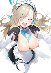  1girl ? absurdres apron asuna_(blue_archive) asymmetrical_bangs blonde_hair blue_archive blue_bow blue_bowtie blue_halo blush bow bowtie breasts breasts_out cleavage closed_eyes commentary_request elbow_gloves facing_viewer foreshortening gloves hair_over_one_eye halo highres large_breasts long_hair maid maid_apron maid_headdress mole mole_on_breast nipples open_mouth outstretched_arms reaching reaching_towards_viewer shadow simple_background smile solo spoken_question_mark sweat thighhighs waist_apron wardrobe_malfunction white_apron white_background white_gloves white_thighhighs yanyo_(ogino_atsuki)  rating:Questionable score:63 user:danbooru