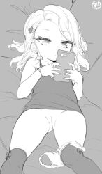  1girl blush born-to-die bracelet cellphone cleft_of_venus female_focus flat_chest holding holding_phone jewelry loli long_hair lying monochrome on_back panties_around_leg phone pussy smartphone solo tagme uncensored  rating:Explicit score:294 user:ganso