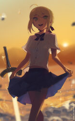  1girl ahoge artoria_pendragon_(all) artoria_pendragon_(fate) backlighting blonde_hair boa_(brianoa) braid breasts fate/stay_night fate_(series) french_braid green_eyes hair_bun highres long_hair looking_at_viewer open_mouth saber_(fate) sidelocks small_breasts smile solo sword weapon 