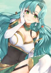  1girl aqua_hair armor bare_shoulders breasts chloe_(fire_emblem) cleavage commentary covered_navel earrings edamameoka elbow_gloves fire_emblem fire_emblem_engage garter_straps gloves green_eyes hand_up highres jewelry large_breasts long_hair looking_at_viewer nintendo pauldrons shoulder_armor solo very_long_hair white_gloves 