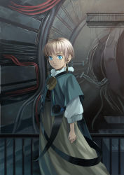  androgynous blue_eyes brown_hair clothing_request earrings gender_request highres indoors jewelry looking_at_viewer original ra-ya_hinata railing scenery short_hair solo standing wiring 
