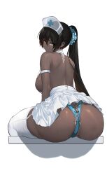  1girl absurdres ass back backboob black_hair blue_archive blush breasts butt_crack closed_mouth dark-skinned_female dark_skin dishwasher1910 female_focus from_behind garter_straps hair_between_eyes hat highres huge_ass karin_(blue_archive) large_breasts long_hair looking_at_viewer looking_back nurse_cap panties ponytail scrunchie sideboob sitting skirt solo thick_thighs thighhighs thighs underwear very_long_hair wide_hips yellow_eyes  rating:Questionable score:104 user:Oppai_chan