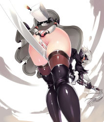 1girl 2b_(nier:automata) anus ass ass_focus between_legs black_blindfold black_dress blindfold boots censored censored_anus clitoral_stimulation clothing_aside crotch_rub dress feather-trimmed_sleeves female_ejaculation female_masturbation from_below frottage grinding high_heel_boots high_heels highleg highleg_leotard highres holding holding_sword holding_weapon juliet_sleeves katana leather leather_boots leotard leotard_aside long_sleeves looking_back looking_down masturbation mosaic_censoring nier:automata nier_(series) orgasm pod_(nier:automata) puffy_sleeves pussy pussy_juice pussy_juice_trail shinkaui silver_hair skindentation solo spread_anus standing straddling sword thigh_boots thighhighs thighhighs_under_boots thighs torn_clothes torn_leotard vambraces weapon white_leotard rating:Explicit score:95 user:danbooru