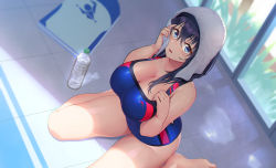  1girl barefoot black_hair blue_eyes blue_one-piece_swimsuit blush bottle breasts chromatic_aberration cleavage competition_swimsuit covered_navel drying drying_hair feet foreshortening from_above hair_between_eyes hands_up highres holding holding_towel kickboard large_breasts long_hair looking_at_viewer okamen on_floor one-piece_swimsuit original parted_lips shade sitting solo swimsuit taut_clothes taut_swimsuit thick_thighs thighs tile_floor tiles towel towel_on_head wariza water_bottle wet 