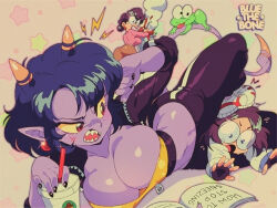  &gt;_&lt; 1980s_(style) 3girls anger_vein angry artist_name ass bluethebone book breasts cleavage colored_sclera colored_skin drinking_straw earrings eyecatch family foot_on_head frog glasses highres horns jewelry large_breasts mama_(punch_punch_forever!) matsumoto_gogo matsumoto_nono mother_and_daughter multiple_girls oldschool pointy_ears punch_punch_forever purple_skin red_eyes retro_artstyle sharp_teeth siblings sisters tail teeth track_suit yellow_sclera 