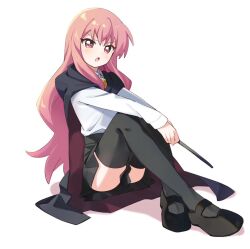  1girl :o arms_on_knees black_cape black_footwear black_skirt black_thighhighs cape collared_shirt commentary_request crossed_legs full_body haru_(konomi_150) holding holding_wand light_blush long_hair long_sleeves looking_at_viewer louise_francoise_le_blanc_de_la_valliere mary_janes open_mouth pink_eyes pink_hair pleated_skirt school_uniform shirt shoes simple_background sitting skirt solo thighhighs wand white_background white_shirt zero_no_tsukaima 