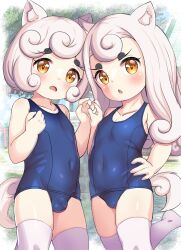  1boy 1girl animal_ear_fluff animal_ears blue_one-piece_swimsuit blush breasts brother_and_sister brown_eyes bulge cameltoe commission covered_navel curly_hair face-to-face hand_on_own_hip highres holding_hands koma_(neko_musume_michikusa_nikki) leg_up loli long_hair neko_musume_michikusa_nikki nokino one-piece_swimsuit open_mouth pixiv_commission school_swimsuit shishimaru_(neko_musume_michikusa_nikki) short_hair shota siblings small_breasts standing standing_on_one_leg swimsuit tail thighhighs thighs twins white_hair white_thighhighs 
