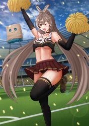  1girl ;d arm_up armpits bare_shoulders black_choker black_footwear black_gloves black_panties black_shirt black_thighhighs blurry breasts brown_hair cheerleader choker collarbone commission confetti crop_top crop_top_overhang day depth_of_field elbow_gloves friend_(nanashi_mumei) gloves hair_ornament hairclip hand_up highres holding holding_pom_poms hololive hololive_english kazenokaze large_breasts leg_up long_hair looking_at_viewer midriff miniskirt nanashi_mumei navel one_eye_closed open_mouth outdoors panties pleated_skirt pom_pom_(cheerleading) pom_poms ponytail red_skirt shirt shoes skirt sleeveless sleeveless_shirt smile solo stadium standing standing_on_one_leg stomach thighhighs thighs two-tone_shirt underboob underwear very_long_hair virtual_youtuber yellow_eyes 
