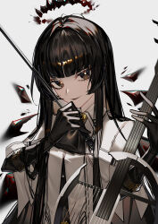  1girl absurdres arknights ascot black_ascot black_eyes black_gloves black_hair black_lips blunt_bangs bow_(music) bright_pupils commentary furittsu gloves grey_background highres holding holding_bow_(music) lipstick long_hair looking_at_viewer makeup mole mole_under_eye pale_skin shirt smile solo upper_body virtuosa_(arknights) white_pupils white_shirt 