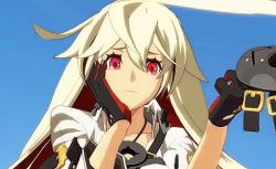  1girl 3d animated animated_gif ankh ass bodysuit female_focus fingernails_over_gloves gradient_background guilty_gear guilty_gear_xrd jack-o&#039;_valentine long_hair lowres pantylines red_eyes solo white_hair  rating:Questionable score:45 user:Anony12